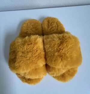 Aerie Women's Mustard Yellow Faux Fur Cross Band Slippers